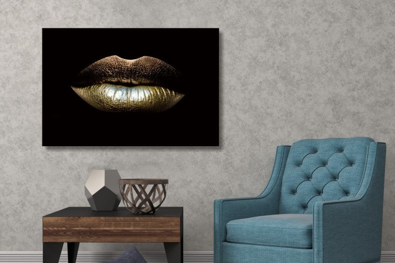 Glasbild 120x80cm Goldene Lippen