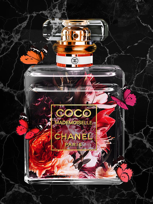 Glasschilderij met goudfolie 60x80cm Doorzichtig flesje met vlinders