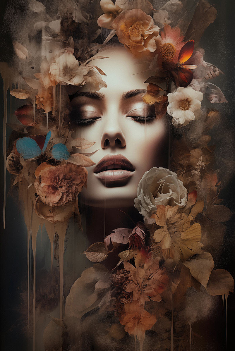 Glasbild «Frau mit Blumen und Schmetterling» 80 × 120 cm