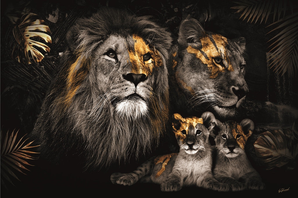 Glasbild «Löwenfamilie mit 2 Löwenjungen» 120 × 80 cm