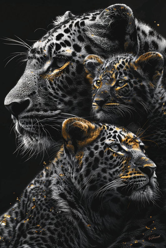 Glasschilderij 80x120cm Panters met gouden tinten