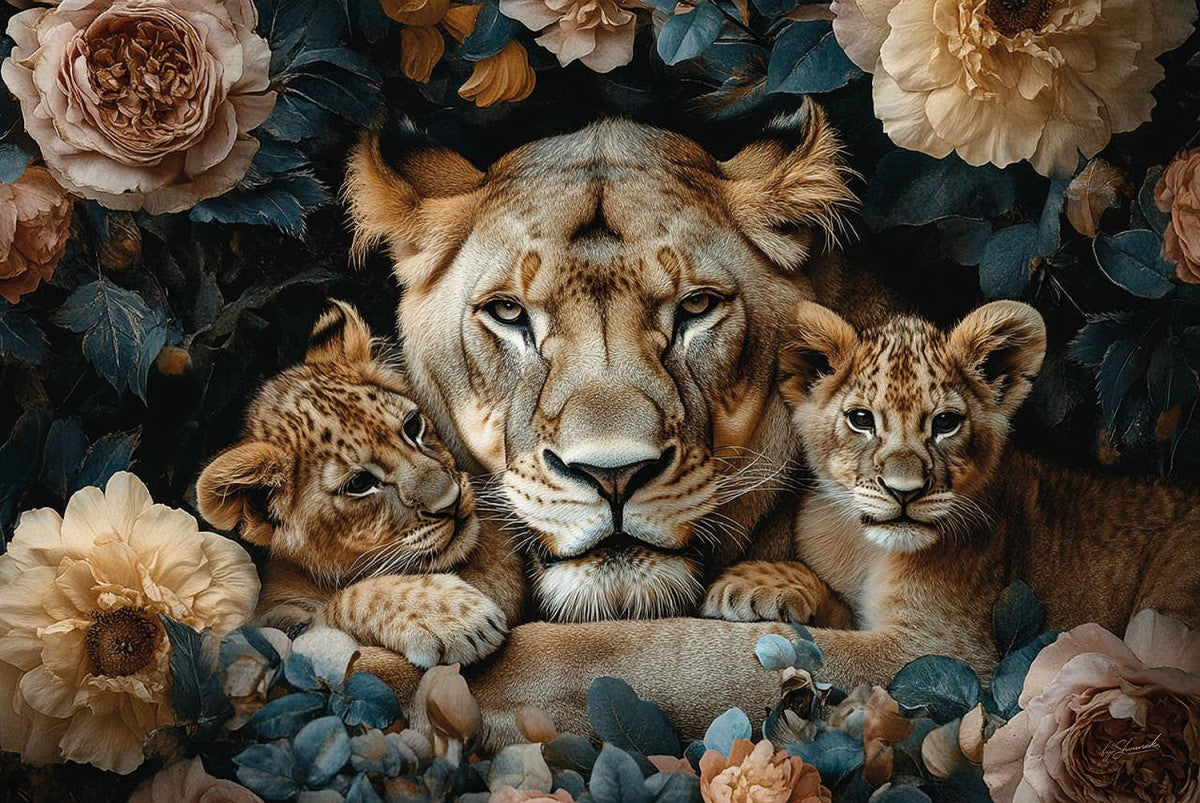 Glasschilderij 120x80cm Liggende tijgers tussen de bloemen