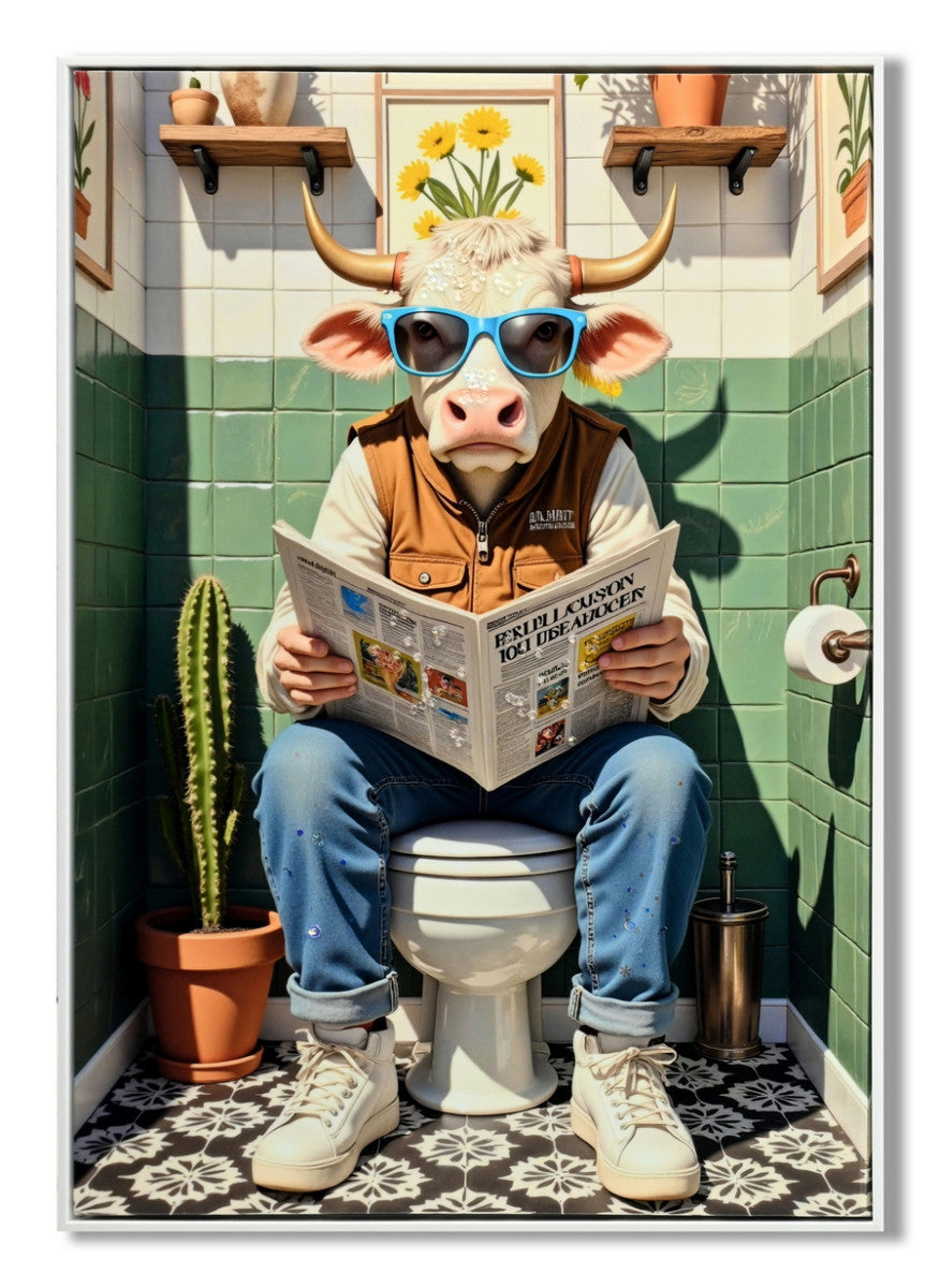 Leinwandbild «Kuh auf der Toilette» mit Rahmen 52 × 72 cm – Hochglanz-Finish