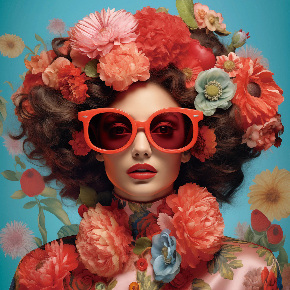 Glasschilderij 80x80cm Vrouw met rode bril en bloemen