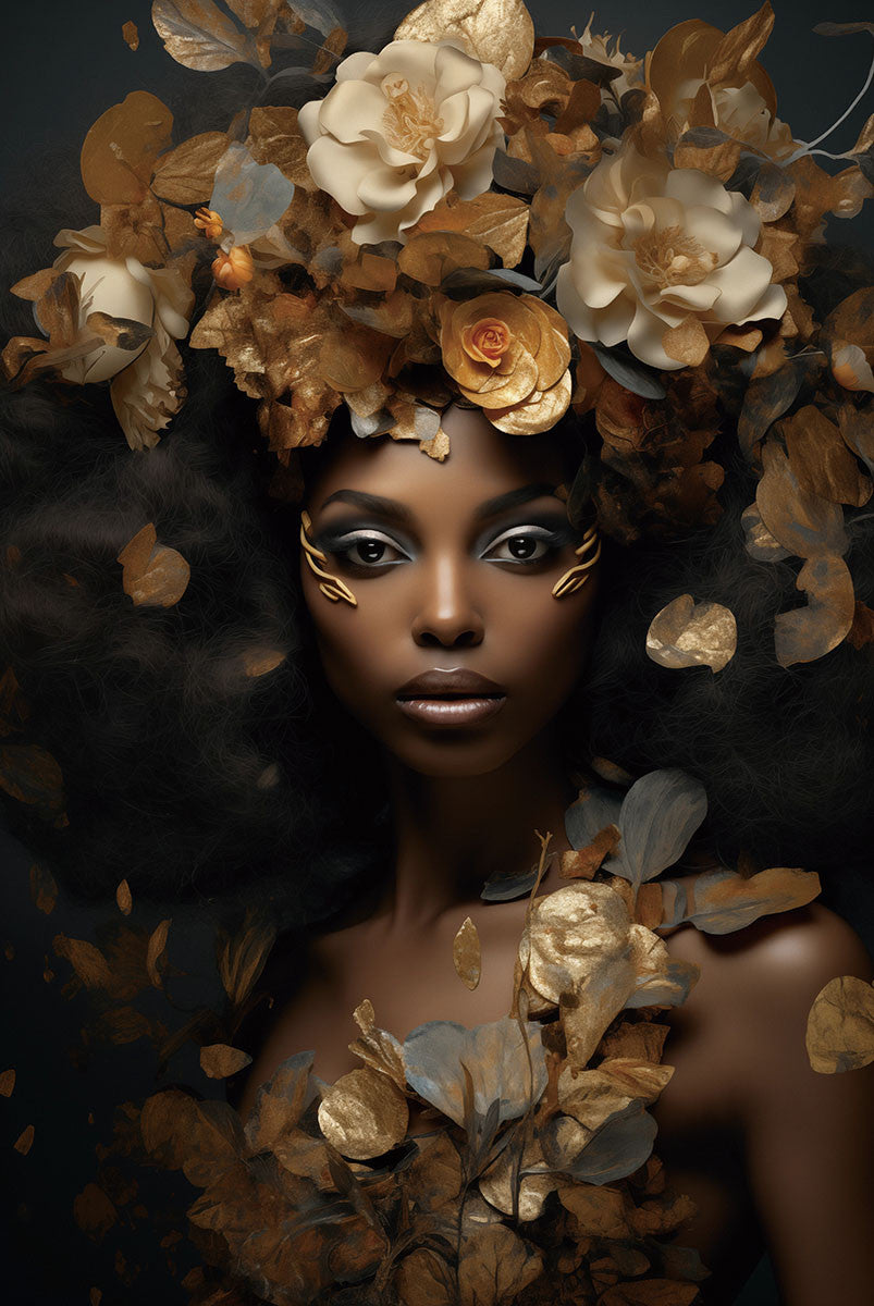 Glasschilderij 80x120cm Vrouw met goud/witte bloemen