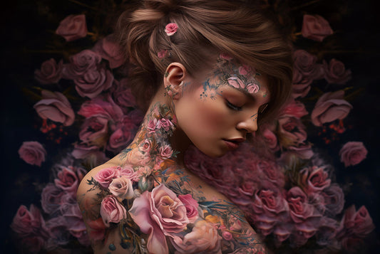 Glasschilderij 120x80cm Vrouw met roze rozen