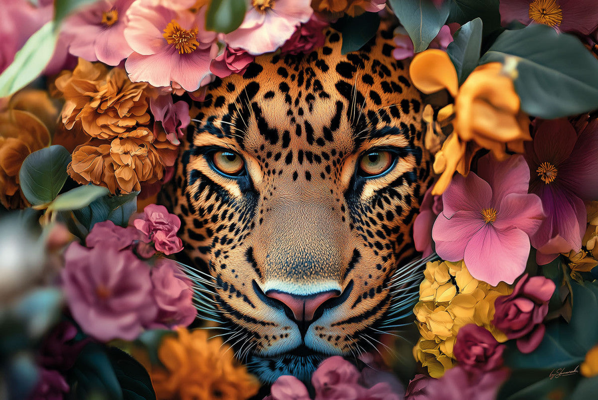 Glasschilderij 120x80cm Panter in bloemenzee