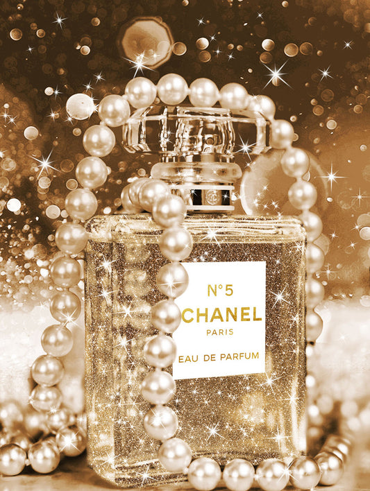 Glasschilderij met goudfolie 60x80cm Parfum met parels