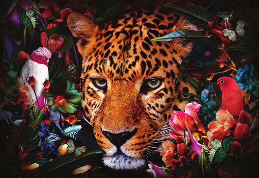 Glasbild 160x110cm Panther mit Blumen