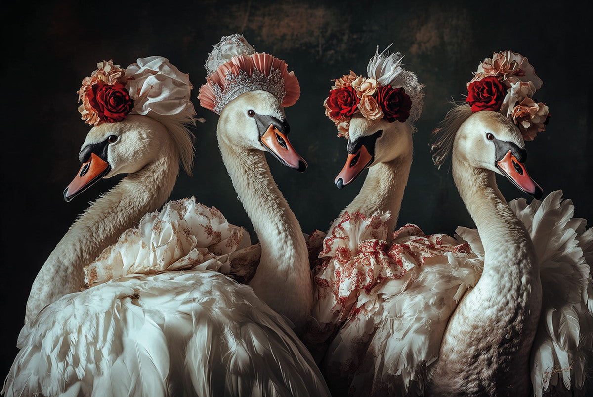 Glasschilderij 120x80cm Zwanen met bloemenhoedjes