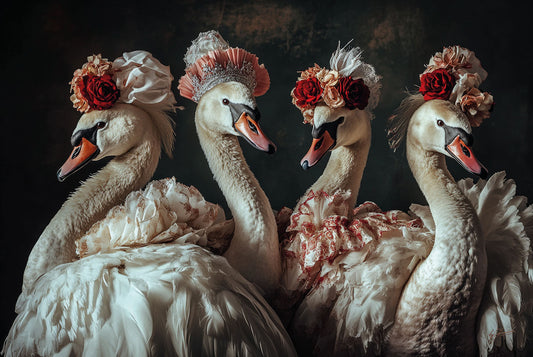 Glasschilderij 120x80cm Zwanen met bloemenhoedjes