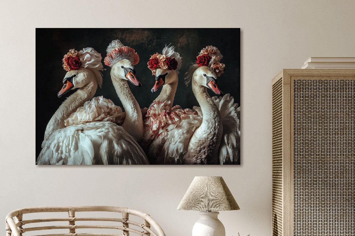 Glasbild «Schwäne mit Blumenhüten» 120 × 80 cm – Ansicht 2