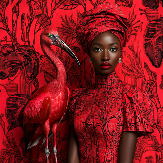 Glasschilderij 120x120cm 3D Vrouw met rode Ibis