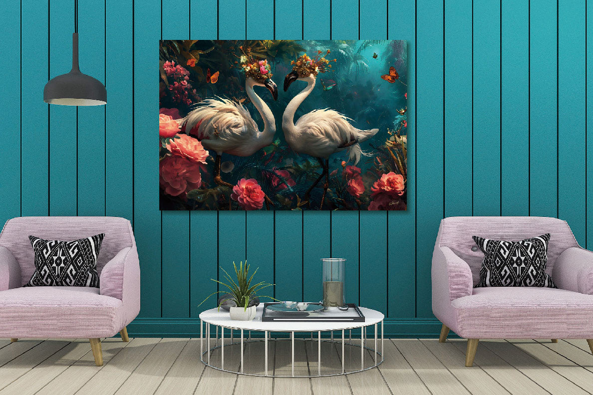 Glasbild 160x110cm Flamingos mit Maske