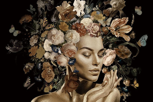 Glasschilderij 120x80cm Gouden vrouw met bloemen