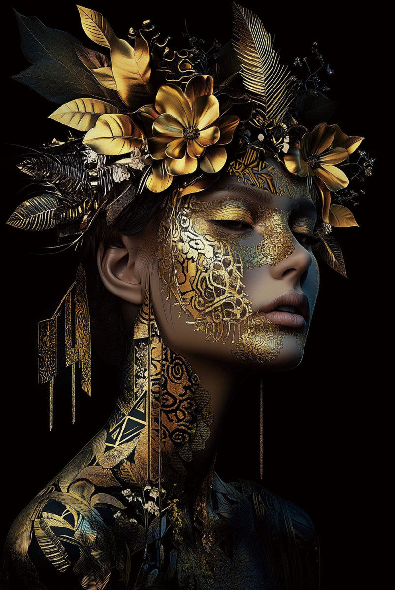 Glasschilderij 80x120cm Vrouw goud/zwart