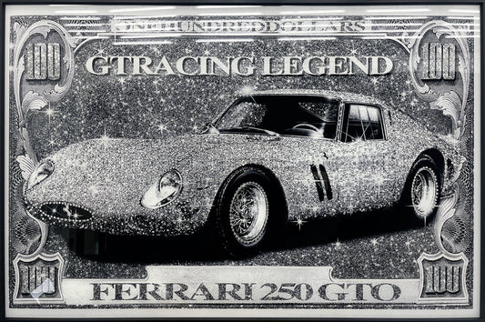 Glasschilderij met kristallen en lijst 120x80cm Auto op briefgeld