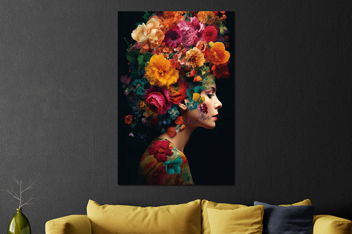 Glasbild 80x120cm Frau mit leuchtenden Blumen