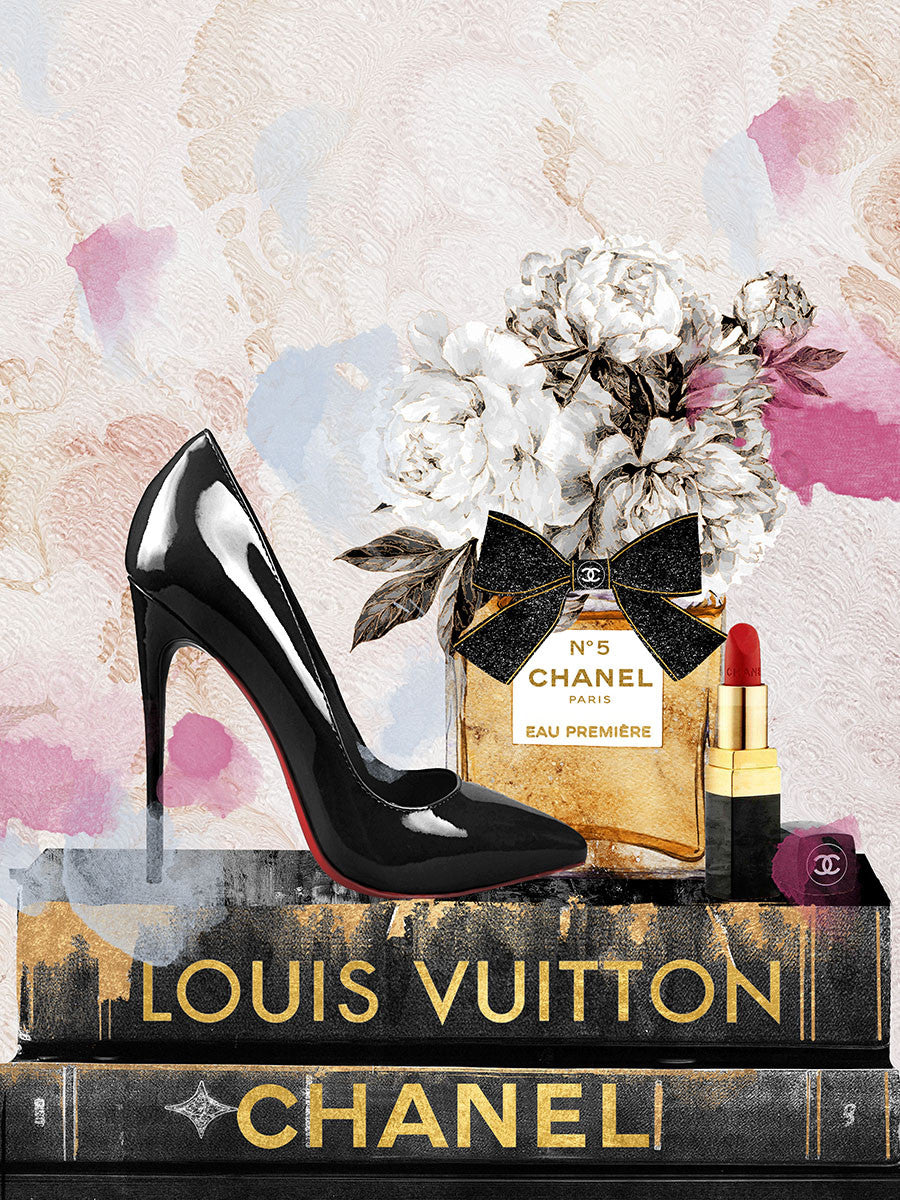 Glasschilderij met goudfolie 60x80cm Zwarte hak op zwarte boeken