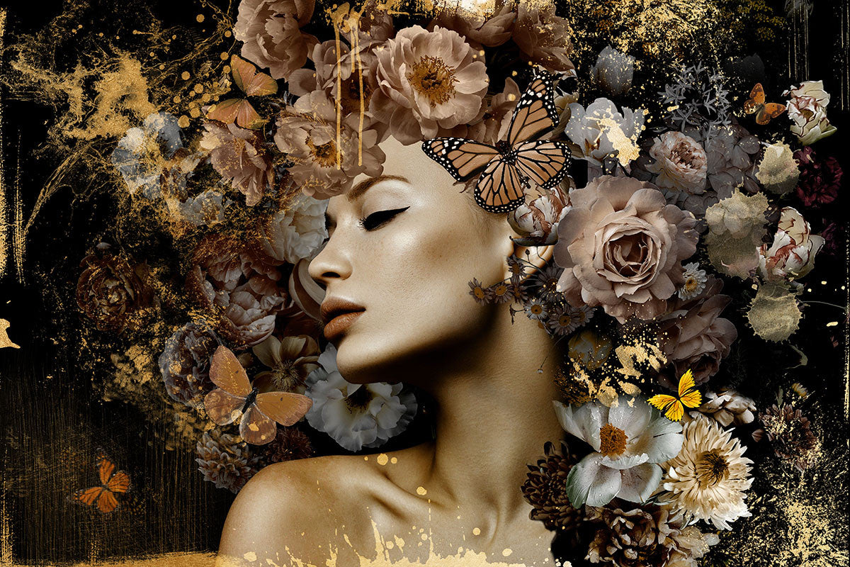 Glasbild «Frau in Gold mit Blumen» 160 × 110 cm