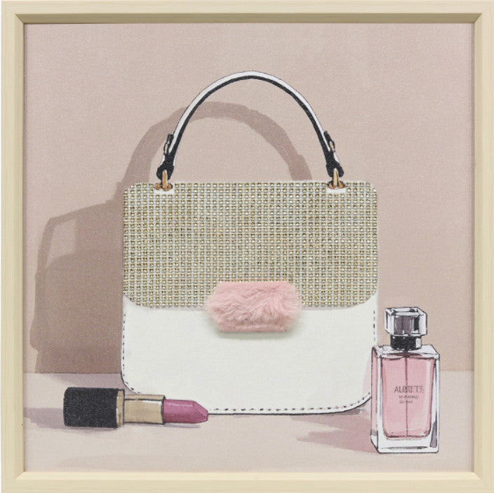 Ingelijst schilderij met versiering 40x40cm Wit-gouden tasje