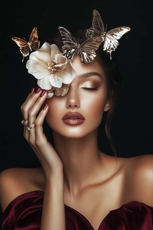 Glasschilderij 80x120cm Fashion dame met vlinders