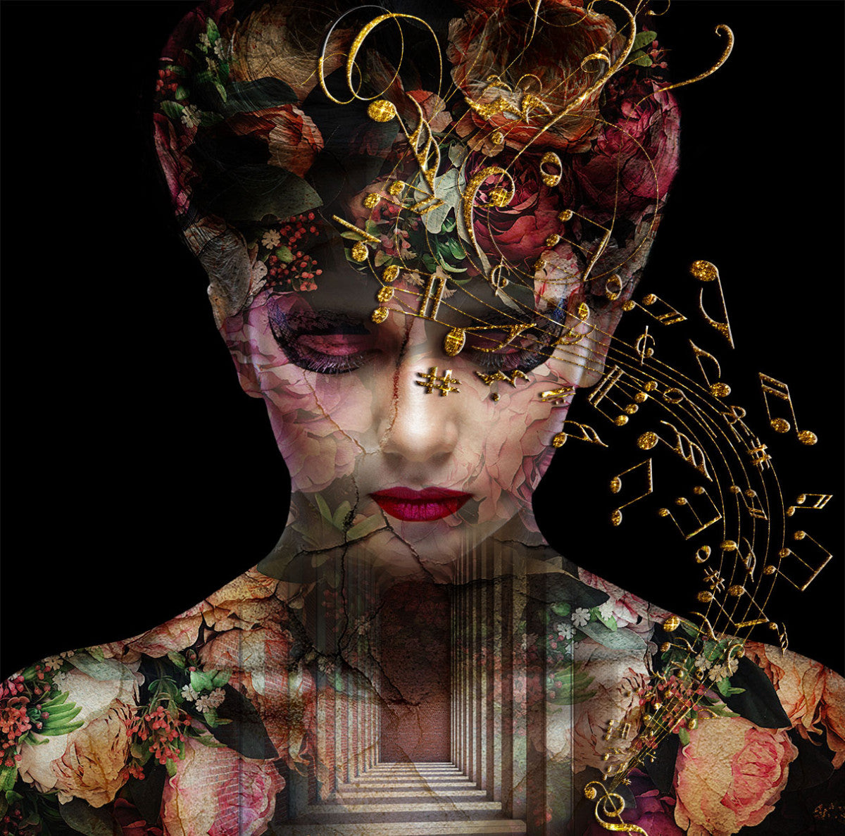 Glasbild «Frau mit Musiknoten» 120 × 120 cm – 3D-Effekt