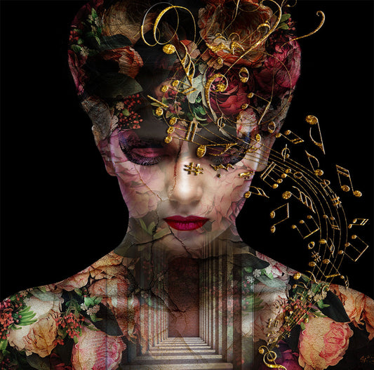 Glasbild «Frau mit Musiknoten» 120 × 120 cm – 3D-Effekt