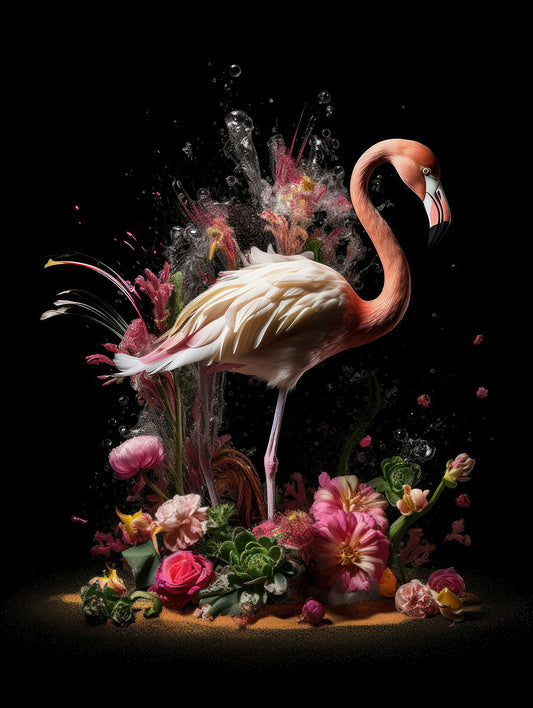 Glasschilderij met 3D reliÃ«f 80x120cm Flamingo met bloemen
