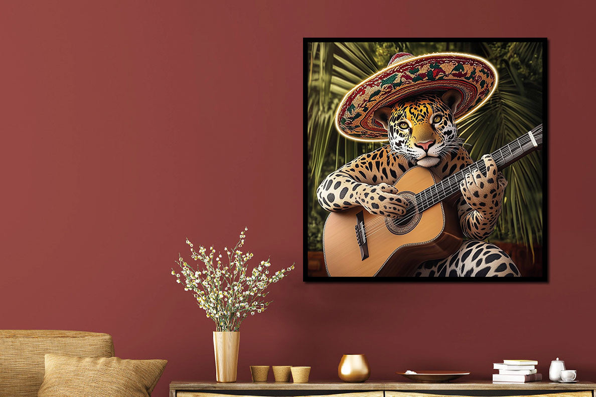 Glasbild «Panther mit Gitarre» 80 × 80 cm – mit LED & Rahmen – Ansicht 2