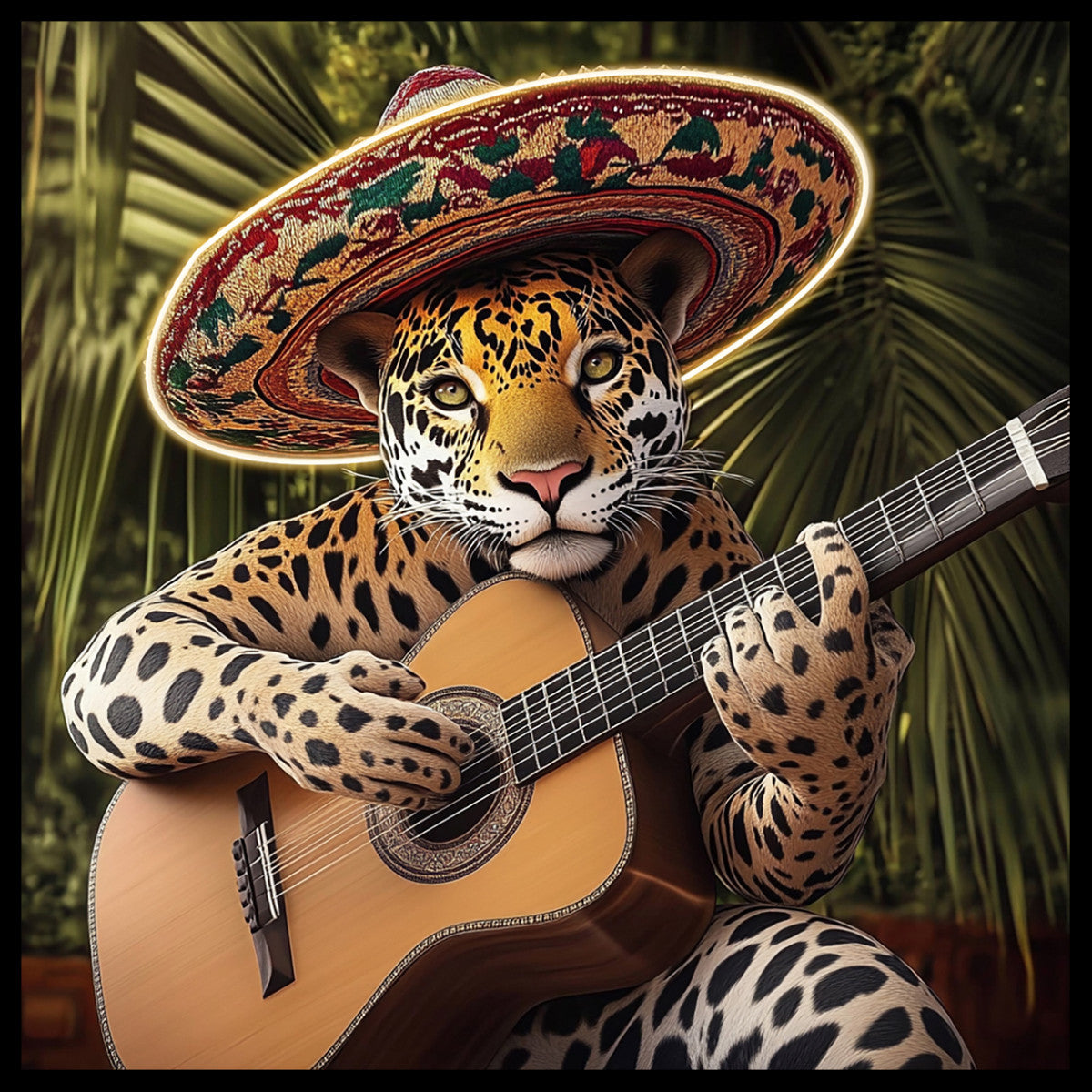 Glasbild «Panther mit Gitarre» 80 × 80 cm – mit LED & Rahmen