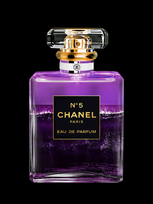 Glasschilderij met goudfolie 60x80cm Doorzichtig flesje paarse zee