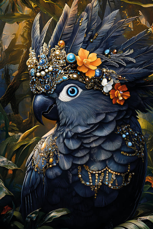 Glasbild «Papagei mit Schmuck» 80 × 120 cm