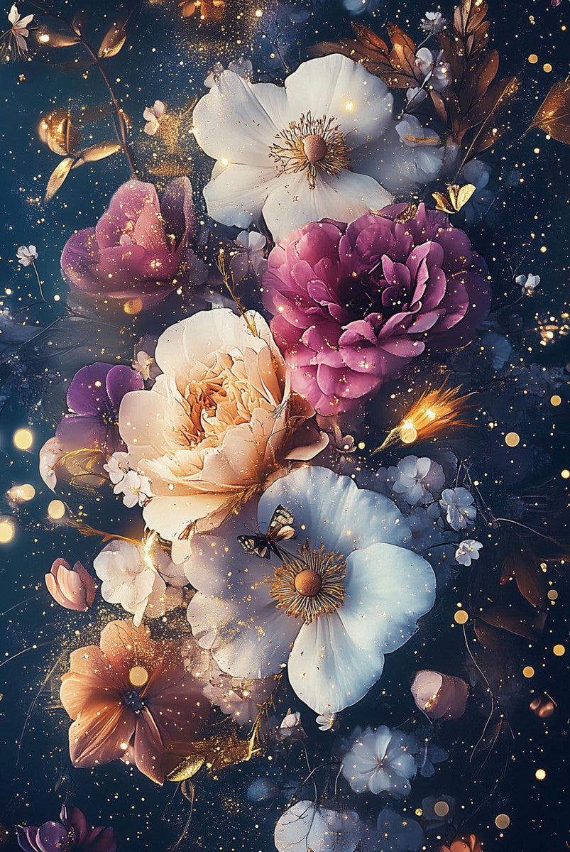 Glasschilderij 80x120cm Bloemen met lichtjes