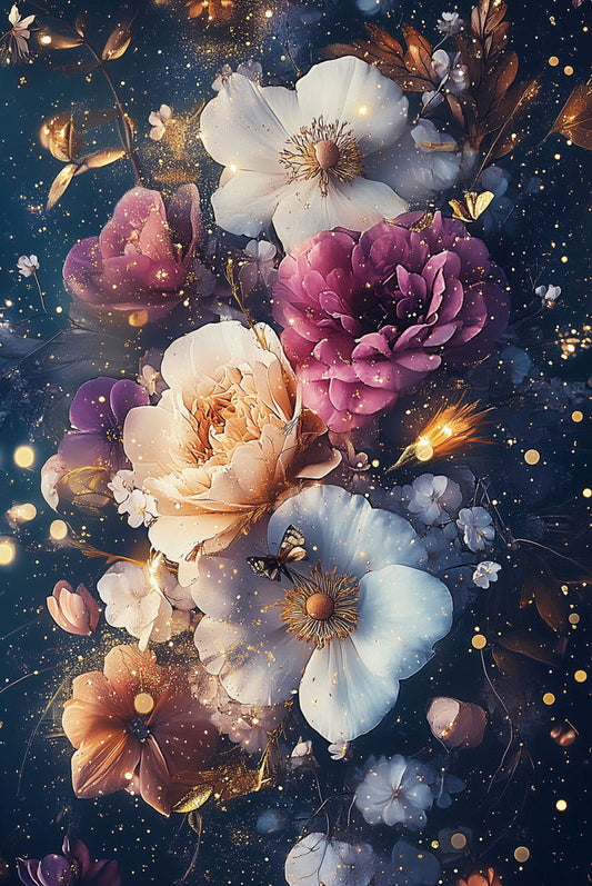 Glasschilderij 80x120cm Bloemen met lichtjes