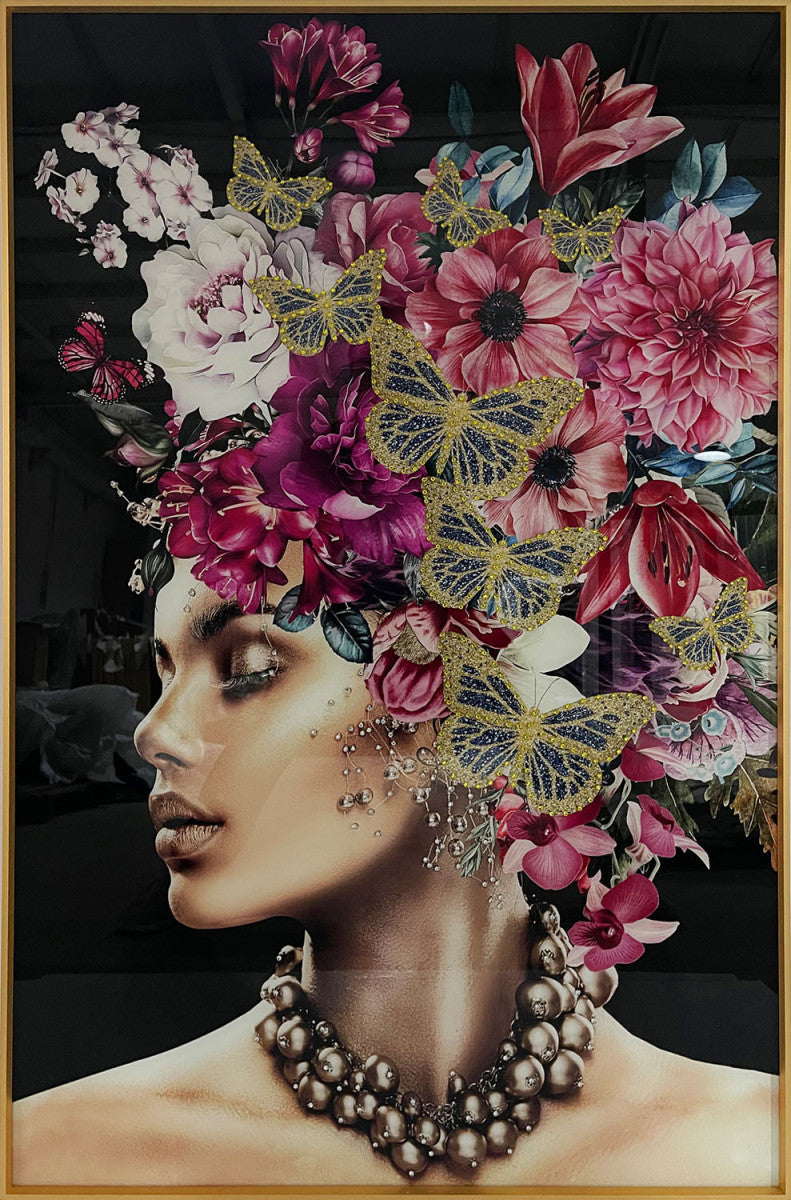 Glasschilderij met kristallen en lijst 80x120cm Vrouw met bloemen