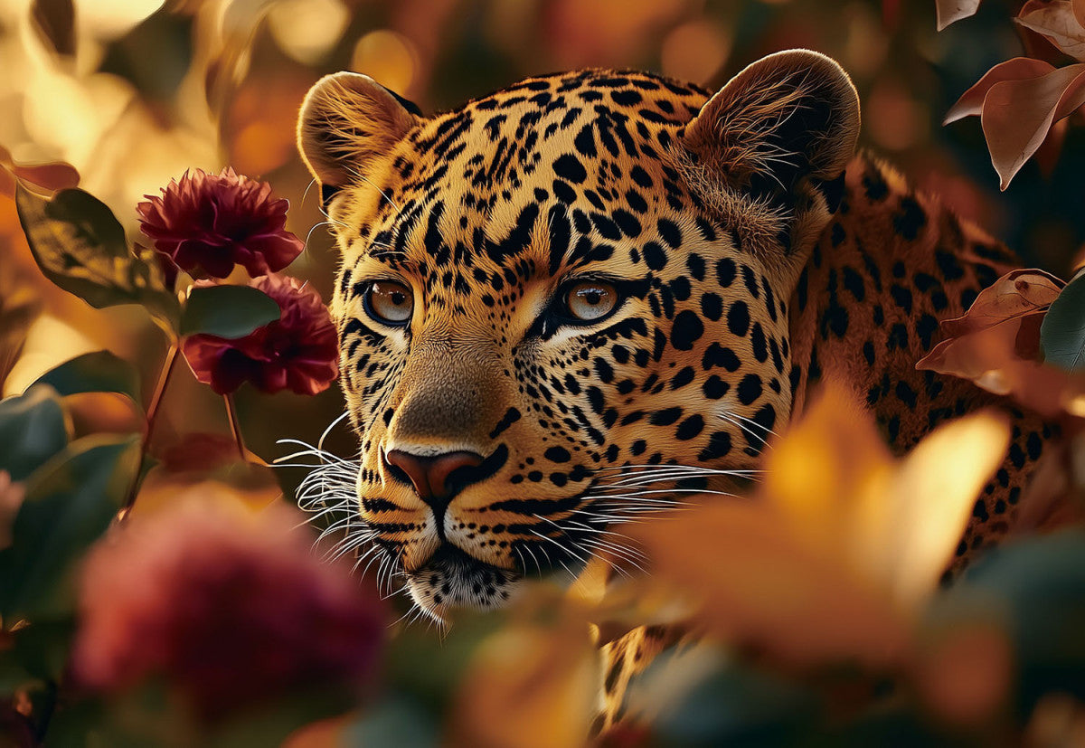 Glasschilderij 110x160cm Panter tussen de bloemen