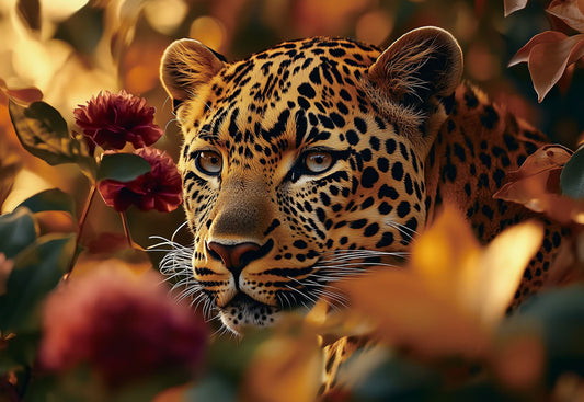 Glasschilderij 110x160cm Panter tussen de bloemen