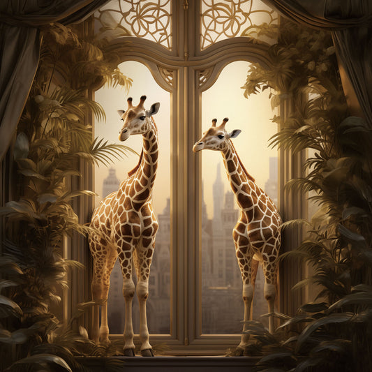 Glasschilderij 80x80cm Giraffen in het raam