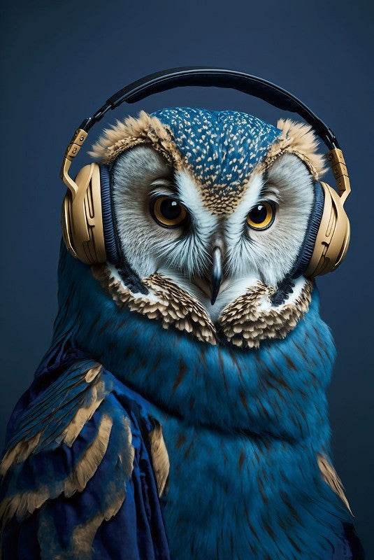 Glasschilderij 80x120cm Blauwe uil met koptelefoon