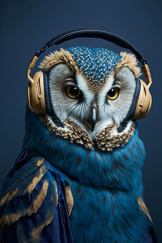 Glasschilderij 80x120cm Blauwe uil met koptelefoon