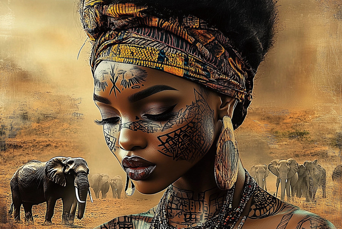 Glasschilderij 120x80cm Vrouw met olifanten