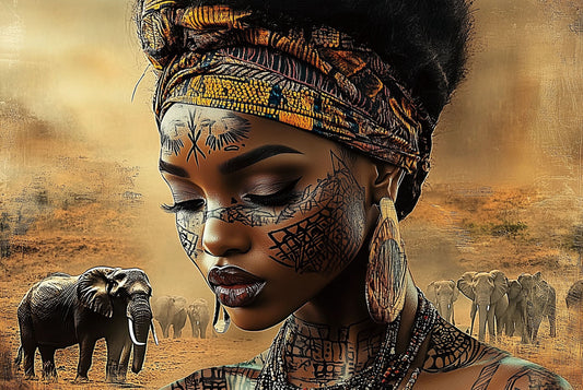 Glasschilderij 120x80cm Vrouw met olifanten