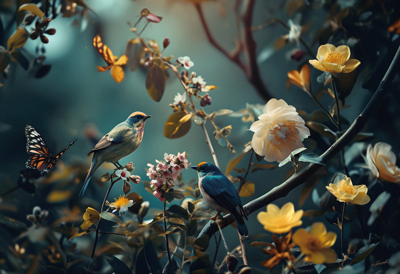 Glasschilderij 120x80cm Vogels op tak met bloemen