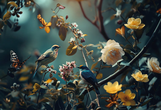 Glasschilderij 120x80cm Vogels op tak met bloemen