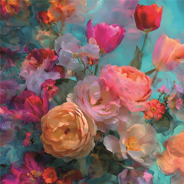 Glasbild «Gemalte Blumen» 80 × 80 cm