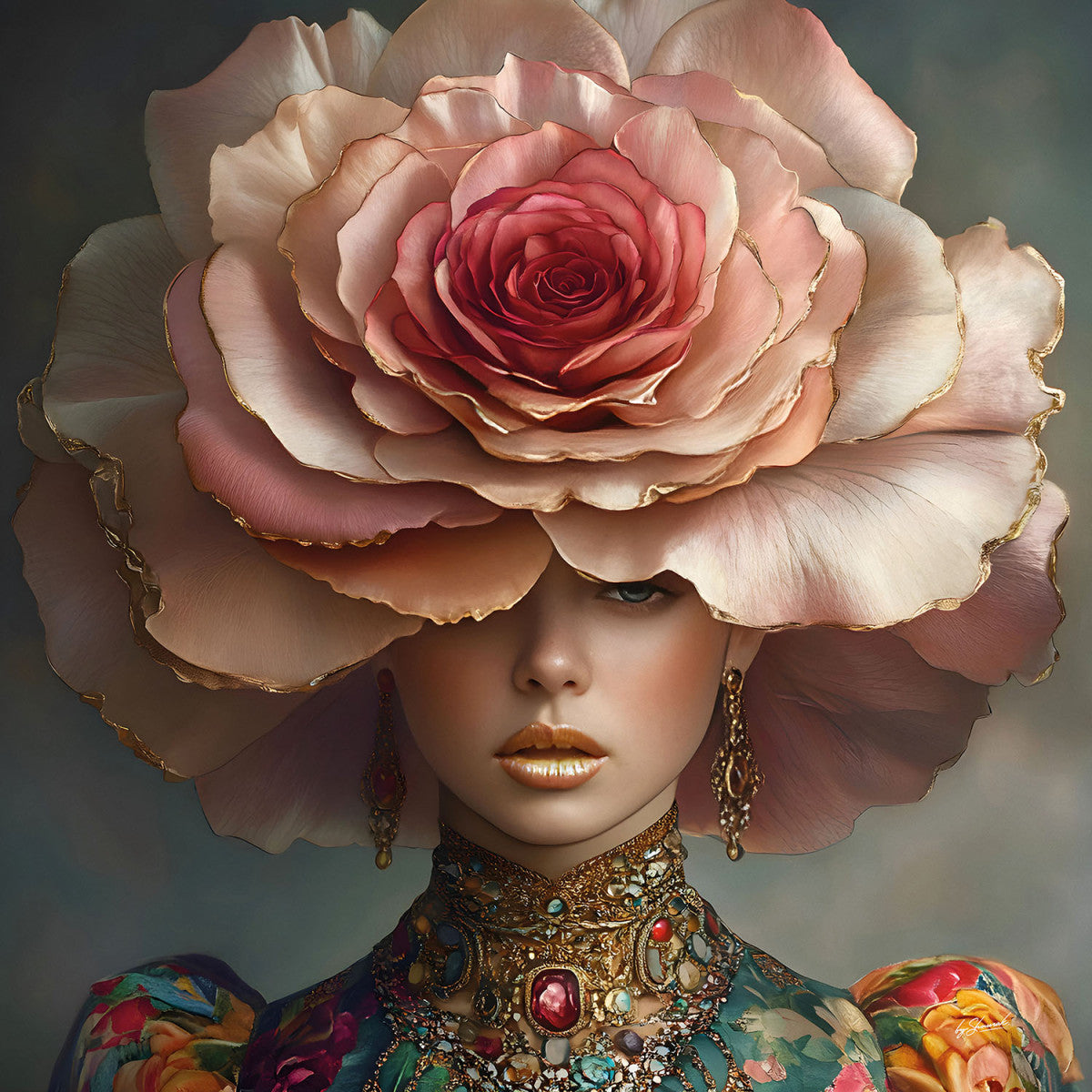 Glasschilderij 80x80cm Vrouw met grote roos