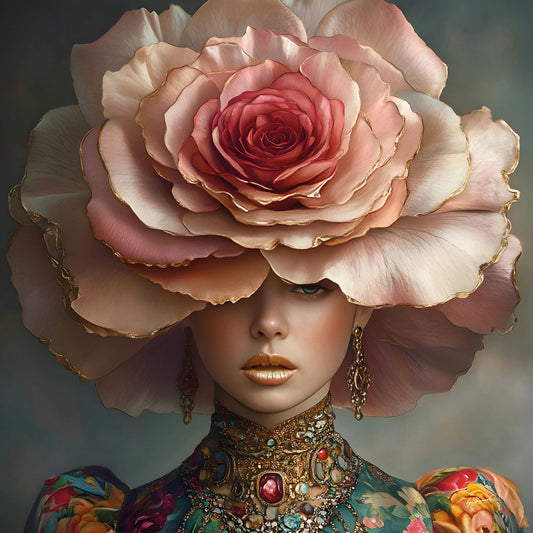 Glasschilderij 80x80cm Vrouw met grote roos