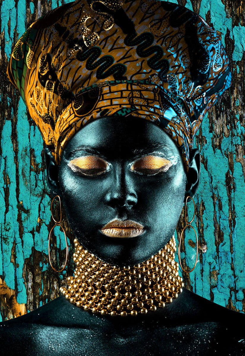 Glasschilderij 110x160cm Vrouw met gouden hoofddoek