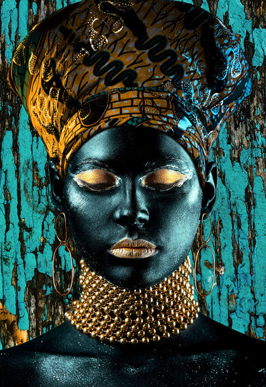 Glasschilderij 110x160cm Vrouw met gouden hoofddoek